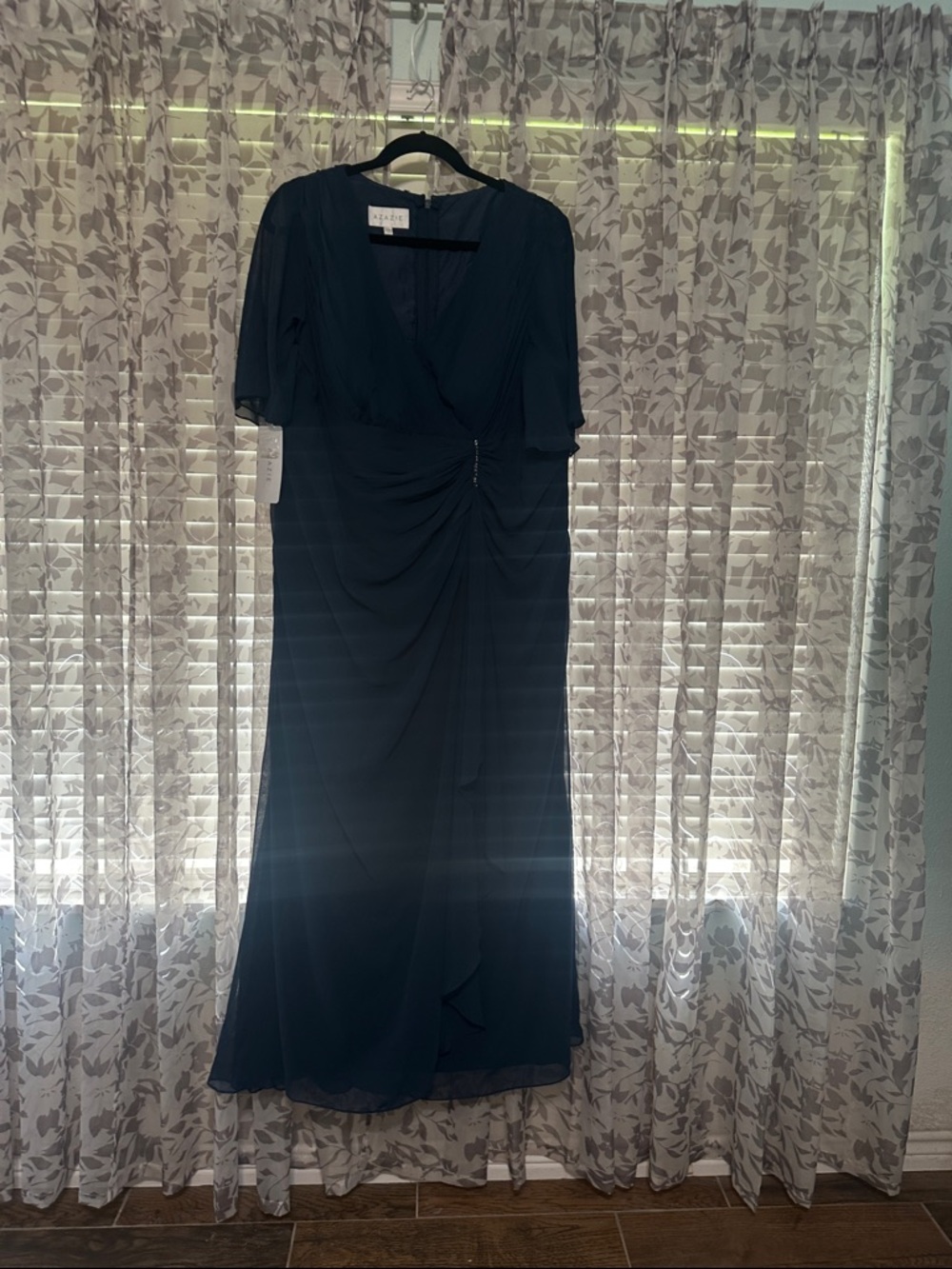 Azazie Carson Navy Faux-Wrap Maxi Dress with Ruched Waist